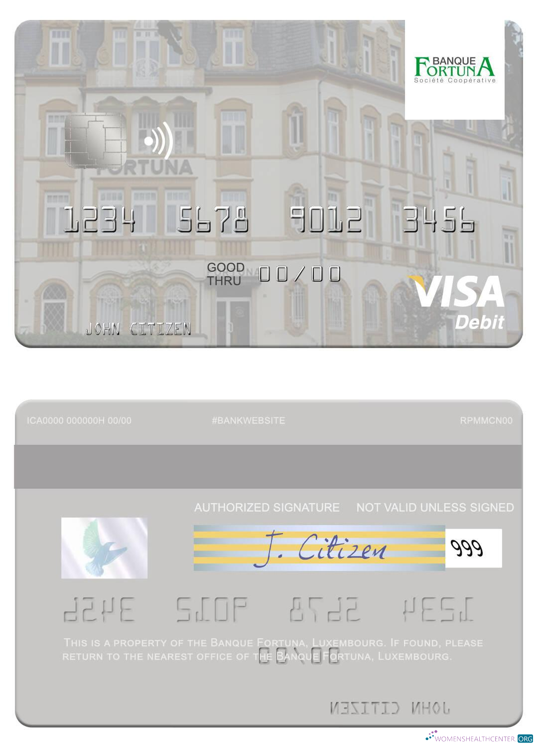 Download Luxembourg Banque Fortuna visa debit card Photoshop template